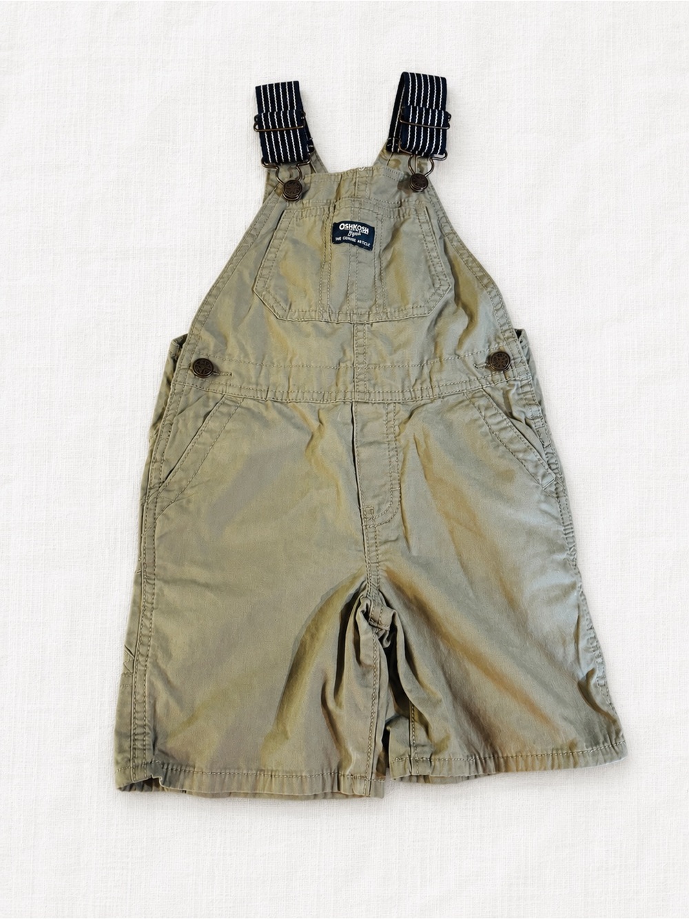 OshKosh B'gosh Olive Green Shortalls with Navy Striped Straps